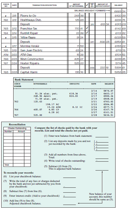 CHECKING-ACCOUNT RECONCILIATION Reconcile the checking accounts for the following companies. Compare the items appearing on the bank statement with the check register. A ? indicates that the transaction appeared on the previous month's statement. (Codes indicate the following: RC means returned check; SC means service charge; IC means interest credit; CP means check printing charge; ATM means automated teller machine.) (See Example 2.) Rose Gardens.