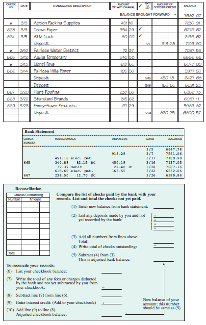 CHECKING-ACCOUNT RECONCILIATION Reconcile the checking accounts for the following companies. Compare the items appearing on the bank statement with the check register. A ? indicates that the transaction appeared on the previous month's statement. (Codes indicate the following: RC means returned check; SC means service charge; IC means interest credit; CP means check printing charge; ATM means automated teller machine.) (See Example 2.)  Play It Again Sports    