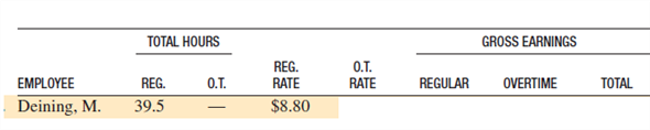 Find the overtime rate, the amount of earnings at regular pay, the amount at overtime pay, and the total gross wages for each employee. Round to the nearest cent. (See Example 2.)    