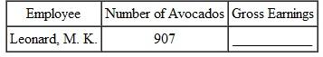 AGRICULTURAL WORKERS Find the daily gross earnings for each employee. (See Example.) Suppose that avocado pickers are paid as follows.       Quick TIP With differential piecework, the highest amount paid applies to only the last units produced. Using Differential Piecework  Adecco is looking for individuals who enjoy working with their hands and are willing to bend, cut, and insert discrete electronic components such as integrated circuits into standard printed circuit boards and solder as required. The pay scale follows.    Find the gross earnings of a worker producing 214 units. SOLUTION      The gross earnings are $476.10. SOLUTION  The hourly earnings for an 8-hour day are $84 (8: $10.50). The larger of hourly earnings or the piecework earnings is paid each day.   
