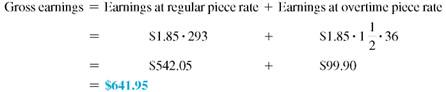 PIECEWORK WITH OVERTIME Find the gross earnings for each employee. Overtime is 1.5 times the normal rate per piece. (See Example.)     EXAMPLE  Calculating Earnings with Overtime Piecework  Jon Taylor fulfills order shipments at a large distribution center. He pulls items from stacks of inventory before handing orders to an operator who shrink wraps the order and puts an address label on it. Jon is paid $1.85 per order fulfilled during regular time and time and a half for all orders filled during overtime. Find his gross earnings for a week in which he fulfilled 293 orders during regular time and 36 orders during overtime. SOLUTION    