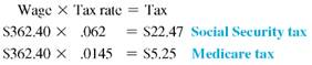 Find the Social Security tax and the Medicare tax for each of this amounts of gross earnings. Assume a 6.2% FICA rate and a 1.45% Medicare tax rate. (See Example.)  $463.24 EXAMPLE  Finding FICA Tax and Medicare Tax  Help Jessica Ramirez, the manager at a local Panera Bread, find the Social Security and Medicare tax that must be withheld from the weekly earnings of two employees. (a) Kelleher: $362.40 gross earnings (b) Kimbrel: $468.02 gross earnings SOLUTION  In each case, the tax is rounded to the nearest cent. (a)      (b)    