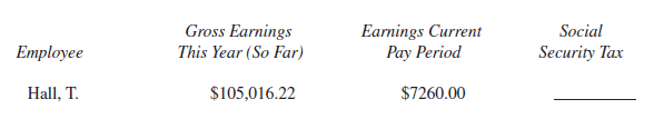 SOCIAL SECURITY TAX Find the Social Security tax for each employee for the current pay period. Assume a 6.2 % FICA rate up to a maximum of $110,000. (See Example 2.)    