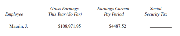 SOCIAL SECURITY TAX Find the Social Security tax for each employee for the current pay period. Assume a 6.2 % FICA rate up to a maximum of $110,000. (See Example 2.)    