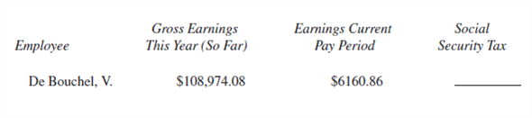 SOCIAL SECURITY TAX Find the Social Security tax for each employee for the current pay period. Assume a 6.2 % FICA rate up to a maximum of $110,000. (See Example 2.)
