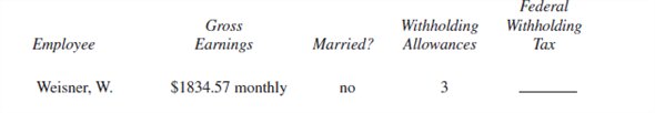 FEDERAL WITHHOLDING TAX Find the federal withholding tax for the following employees. Use the wage bracket method. (See Examples 1 and 2.)    