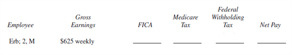 EMPLOYEE NET PAY Use the percentage method of withholding to find federal withholding tax, a 6.2 % FICA rate to find FICA tax, and 1.45 % to find Medicare tax for the following employees. Then find the net pay for each employee. The number of withholding allowances and the marital status are listed after each employee's name. Assume that no employee has earned over $110,000 so far this year. (See Examples 3 and 5.)