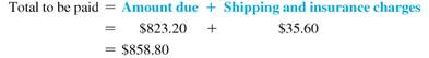 Solve for the amount of discount and the total amount due on the following invoices. Add shipping and insurance charges if given. (See Examples.) Finding the Amount Due on the Invoice An invoice received by Bed Bath Beyond for $840 is dated July 1 and offers terms of 2/10, n/30. If the invoice is paid on July 8 and the shipping and insurance charges, which were FOB shipping point, are $35.60, find the total amount due. CASE IN POINT SOLUTION Since the invoice was paid in 7 days (8 ? 1=7), which is less than the 10-day requirement identified by 2/10, the 2% cash discount applies. However, the shipping and insurance charges must be added to the amount due. The total amount due is $858.80. Determining Cash Discount Due Dates for a Sliding Scale An invoice from Cellular Products is dated May 18 and offers terms of 4/10, 3/25, 1/40, n/60. Find (a) the three final dates for each cash discount and (b) the net payment date. SOLUTION (a) The three final cash discount dates are (b) The net payment date is July 17 (20 days beyond the cash discount period).