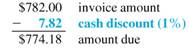 Solve for the amount of discount and the amount due on the following invoices. Round to the nearest cent. (See Examples.)  Using Proximo Dating  Find the amount due on an invoice of $782 for some Black and Decker Belgian waffle makers dated August 3, if terms are 1/10 prox. and the invoice is paid on September 4. SOLUTION  The last date on which the discount may be taken is September 10 ( 10 days after the end of August). September 4 is within the discount period, so the discount is earned. The 1% cash discount is computed on $782, the amount of the invoice. Subtract the discount ($782 ×.01 = $ 7.822 from the invoice amount to find the amount due.     Working with ROG Dating  Find the amount due to Sir Speedy on an invoice of $285 for printing services, with terms of 3/10 ROG, if the invoice is dated June 8, the goods are received June 18, and the invoice is paid June 30. SOLUTION  The last date to take the 3% cash discount is June 28, 10 days after June 18. Since the invoice is paid on June 30, 2 days after the last discount date, no cash discount may be taken. The entire amount of the invoice must be paid.     Understanding Extra Dating  An invoice from Wind Turbines Solar, Inc., is dated August 5, amounts to $8180, offers terms of 3/10-30 x, and is paid on September 12. Find the net payment. SOLUTION  Step 1 The last day to take the 3% cash discount is September 14 ( August 5 + 40 days = September 14 ). Since the invoice is paid on September 12, the 3% discount may be taken. Step 2 The 3% cash discount is computed on $8180, the amount of the invoice. The discount to be taken is $245.40. Step 3 Subtract the cash discount from the invoice amount to determine the amount of payment.       