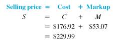 Write the markup formula in vertical form. Define each term. (See Objective.) Use the basic formula for markup. Managers mark up the cost of an item before selling it. For example, assume a backpack costs REI $176.92 and that it is marked up by $53.07 before putting it up for sale. The basic markup formula that follows shows that the selling price is the sum of the cost and the markup. In general, the markup should be large enough to cover all associated operating expenses, such as wages and rent, and to have some left over for profit. However, smaller markups are sometimes used during a storewide sale to encourage customers to shop at the store or when trying to quickly move outdated products out of the store. Look at the following related to the backpack. Cost is the amount paid to a supplier and includes shipping costs. Any markup remaining after paying operating expenses is profit. Markup problems often give two of the values in the basic formula ( S = C + M ) and ask you to find the unknown value, as shown in Example.