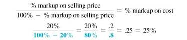 Find the equivalent markups on either cost or selling price using the appropriate formula. Round to the nearest tenth of a percent. (See Examples.)     Converting Markup on Cost to Markup on Selling Price  Convert a markup of 25, on cost to its equivalent markup on selling price. SOLUTION  Use the formula for converting markup percent on cost to markup percent on selling price.     Converting Markup on Selling Price to Markup on Cost  Convert a markup of 20% on selling price to its equivalent markup on cost. SOLUTION  Use the formula for converting markup percent on selling price to markup percent on cost.     A markup of 20% on selling price is equivalent to a markup of 25% on cost.