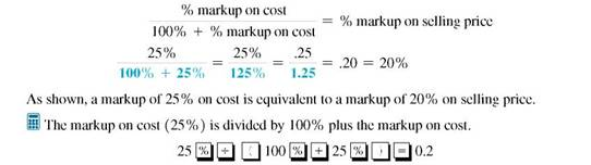Find the equivalent markups on either cost or selling price using the appropriate formula. Round to the nearest tenth of a percent. (See Examples.)     Converting Markup on Cost to Markup on Selling Price  Convert a markup of 25, on cost to its equivalent markup on selling price. SOLUTION  Use the formula for converting markup percent on cost to markup percent on selling price.     Converting Markup on Selling Price to Markup on Cost  Convert a markup of 20% on selling price to its equivalent markup on cost. SOLUTION  Use the formula for converting markup percent on selling price to markup percent on cost.     A markup of 20% on selling price is equivalent to a markup of 25% on cost.