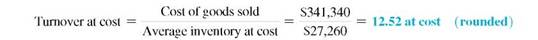 Find the stock turnover at cost and at retail in the following. Round to the nearest hundredth. (See Examples.)     Finding Stock Turnover at Retail  Last year, Red Clown Children's Apparel had retail sales of $559,320 and an average retail inventory of $49,601. Find the stock turnover at retail.     Solution      On average, the store turned over or sold the value of its entire inventory 11.3 times during the month. Finding Stock Turnover at Cost  If the average inventory value at cost for Red Clown Children's Apparel in Example was $27,260 and the cost of goods sold was $341,340, find the stock turnover at cost. Solution      Notice that the two turnover values from Examples are similar, as expected.