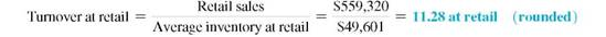 Find the stock turnover at cost and at retail in the following. Round to the nearest hundredth. (See Examples.)     Finding Stock Turnover at Retail  Last year, Red Clown Children's Apparel had retail sales of $559,320 and an average retail inventory of $49,601. Find the stock turnover at retail.     Solution      On average, the store turned over or sold the value of its entire inventory 11.3 times during the month. Finding Stock Turnover at Cost  If the average inventory value at cost for Red Clown Children's Apparel in Example was $27,260 and the cost of goods sold was $341,340, find the stock turnover at cost. Solution      Notice that the two turnover values from Examples are similar, as expected.