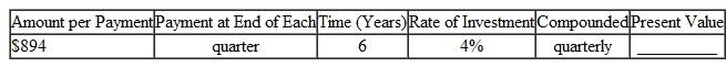 Find the present value of this annuities. Round to the nearest cent. (See Examples.) Finding the Present Value of an Annuity At the end of each quarter for 5 years, the Daily News deposits $4325 in an account paying 6% compounded quarterly. The goal is to accumulate funds for a new printing press. ( a ) Use the concepts of Section to find the future value of the annuity. ( b ) Then find the lump sum (present value) that must be deposited today to accumulate the same future value. SOLUTION (a) (or 1.5%) per quarter; 5 years × 4 = 20 quarters. Use the amount of an annuity table in Section to find 23.12367. Future value = $4325 × 23.12367 = $ 100,009.87 (rounded) (b) It is not necessary to use this future value to find the present value of the annuity. Instead, use the present value of an annuity table with 1.5, per period and 20 periods to find 17.16864. Present value = $4325 × 17.16864 = $74,254.37 Thus, a deposit of $4325 at the end of every quarter for 5 years has a present value today of $74,254.37. If we assume 6% compounded quarterly and ignore income taxes, each of the following has exactly the same value: 1. 20 end-of-quarter deposits of $4325 2. A future value at the end of 5 years of $100,009.87 3. A present value on hand today of $74,254.37 Finding the Present Value Tom and Brandy Barrett recently divorced. The judge gave custody of their 4-year-old son to Brandy and ruled that Tom must pay $1500 in child support to Brandy at the end of each quarter until the son turns 16. Find the lump sum that Tom must put into an account earning 6% compounded quarterly to cover the periodic payments. Find the interest earned. SOLUTION Payments must be made for 16 - 4 = 12 years, or for 12 × 4 = 48 quarters. The interest rate per quarter is per quarter. Look across the top of the present value of an annuity table for 1.5% and down the side for 48 payments to find 34.04255. Present value of annuity = $1500 × 34.04255 = $ 51,063.83 A deposit of $51,063.83 today will make 48 end-of-quarter payments of $1500 each. Interest earned during the 12 years is the sum of all payments less the original lump sum. Interest = (48 × $1500) - $51,063.83 = $20,936.17 Quick TIP Although the $1500 withdrawals to Brandy are at the end of each quarter, the original lump sum must be deposited at the beginning of the first year. Finding the Present Value An American company hires a project manager to work in Saudi Arabia. The contract states that if the manager works there for 5 years, he will receive an extra benefit of $15,000 at the end of each semiannual period for the 8 years that follow. Find the lump sum that can be deposited today to satisfy the contract, assuming 6% compounded semiannually. SOLUTION The project manager works from years 1 to 5. He then receives two $15,000 annuity payments each year during years 6 through 13. Solve this problem in two steps. 1. Find the present value at the beginning of year 6 of the annuity with $15,000 payments. Use per compounding period and 8 × 2 = 16 compounding periods to find 12.56110 in the present value of an annuity table. Present value of annuity = $15,000 × 12.56110 = $188,416.50 This is the present value of the annuity needed at the beginning of year 6 to fund payments in years 6 through 13. But it is also the future value needed for the investment made today that will fund the eventual payments. 2. Find the lump sum needed today to accumulate the $188,416.50 by the end of year 5. Use the table showing present value of a dollar in Section (page) with per compounding period and 5 × 2 = 10 compounding periods to find.74409. Present value needed today = $188,416.50 ×.74409 = $ 140,198.83 A lump sum of $140,198.83 today will grow to $188,416.50 in 5 years. The $188,416.50 at the end of year 5 is enough to make 16 semiannual payments of $15,000 each during years 6 through 13.