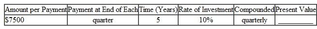 Find the present value of this annuities. Round to the nearest cent. (See Examples.) Finding the Present Value of an Annuity At the end of each quarter for 5 years, the Daily News deposits $4325 in an account paying 6% compounded quarterly. The goal is to accumulate funds for a new printing press. ( a ) Use the concepts of Section to find the future value of the annuity. ( b ) Then find the lump sum (present value) that must be deposited today to accumulate the same future value. SOLUTION (a) (or 1.5%) per quarter; 5 years × 4 = 20 quarters. Use the amount of an annuity table in Section to find 23.12367. Future value = $4325 × 23.12367 = $ 100,009.87 (rounded) (b) It is not necessary to use this future value to find the present value of the annuity. Instead, use the present value of an annuity table with 1.5, per period and 20 periods to find 17.16864. Present value = $4325 × 17.16864 = $74,254.37 Thus, a deposit of $4325 at the end of every quarter for 5 years has a present value today of $74,254.37. If we assume 6% compounded quarterly and ignore income taxes, each of the following has exactly the same value: 1. 20 end-of-quarter deposits of $4325 2. A future value at the end of 5 years of $100,009.87 3. A present value on hand today of $74,254.37 Finding the Present Value Tom and Brandy Barrett recently divorced. The judge gave custody of their 4-year-old son to Brandy and ruled that Tom must pay $1500 in child support to Brandy at the end of each quarter until the son turns 16. Find the lump sum that Tom must put into an account earning 6% compounded quarterly to cover the periodic payments. Find the interest earned. SOLUTION Payments must be made for 16 - 4 = 12 years, or for 12 × 4 = 48 quarters. The interest rate per quarter is per quarter. Look across the top of the present value of an annuity table for 1.5% and down the side for 48 payments to find 34.04255. Present value of annuity = $1500 × 34.04255 = $ 51,063.83 A deposit of $51,063.83 today will make 48 end-of-quarter payments of $1500 each. Interest earned during the 12 years is the sum of all payments less the original lump sum. Interest = (48 × $1500) - $51,063.83 = $20,936.17 Quick TIP Although the $1500 withdrawals to Brandy are at the end of each quarter, the original lump sum must be deposited at the beginning of the first year. Finding the Present Value An American company hires a project manager to work in Saudi Arabia. The contract states that if the manager works there for 5 years, he will receive an extra benefit of $15,000 at the end of each semiannual period for the 8 years that follow. Find the lump sum that can be deposited today to satisfy the contract, assuming 6% compounded semiannually. SOLUTION The project manager works from years 1 to 5. He then receives two $15,000 annuity payments each year during years 6 through 13. Solve this problem in two steps. 1. Find the present value at the beginning of year 6 of the annuity with $15,000 payments. Use per compounding period and 8 × 2 = 16 compounding periods to find 12.56110 in the present value of an annuity table. Present value of annuity = $15,000 × 12.56110 = $188,416.50 This is the present value of the annuity needed at the beginning of year 6 to fund payments in years 6 through 13. But it is also the future value needed for the investment made today that will fund the eventual payments. 2. Find the lump sum needed today to accumulate the $188,416.50 by the end of year 5. Use the table showing present value of a dollar in Section (page) with per compounding period and 5 × 2 = 10 compounding periods to find.74409. Present value needed today = $188,416.50 ×.74409 = $ 140,198.83 A lump sum of $140,198.83 today will grow to $188,416.50 in 5 years. The $188,416.50 at the end of year 5 is enough to make 16 semiannual payments of $15,000 each during years 6 through 13.