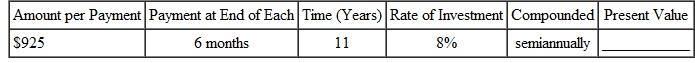 Round money amounts to the nearest cent and rates to the nearest tenth of a percent. Find the present value of the following annuities.