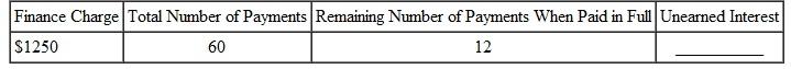 Each of the following loans is paid in full before the date of maturity. Find the amount of unearned interest. Use the Rule of 78. (See Example.)  Finding Unearned Interest and Balance Due  Aaron Ortego borrowed $6000, which he is paying back in 24 monthly payments of $295 each. With 9 payments remaining, he decides to repay the loan in full. Find (a) the amount of unearned interest and (b) the amount necessary to repay the loan in full. Use the Rule of 78. SOLUTION      Find the amount of unearned interest as follows. The finance charge is $1080, the scheduled number of payments is 24, and the loan is paid off with 9 payments left. Solve as follows.     (b) When Ortego decides to pay off the loan, he has 9 payments of $295 left.     Ortego saves the unearned interest of $162 by paying off the loan early. Therefore, the amount needed to pay the loan in full is the sum of the remaining payments minus the unearned interest.       