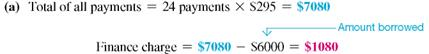 Solve the following application problems using the Rule of 78. (See Example.) Finding Unearned Interest and Balance Due Aaron Ortego borrowed $6000, which he is paying back in 24 monthly payments of $295 each. With 9 payments remaining, he decides to repay the loan in full. Find (a) the amount of unearned interest and (b) the amount necessary to repay the loan in full. Use the Rule of 78. SOLUTION Find the amount of unearned interest as follows. The finance charge is $1080, the scheduled number of payments is 24, and the loan is paid off with 9 payments left. Solve as follows. (b) When Ortego decides to pay off the loan, he has 9 payments of $295 left. Ortego saves the unearned interest of $162 by paying off the loan early. Therefore, the amount needed to pay the loan in full is the sum of the remaining payments minus the unearned interest. WEB DESIGN Blackstone Web Design needed $76,800 to purchase computers, software, and network equipment. The owners paid $15,000 down and financed the balance with 30 monthly payments of $2423.89 each. Find (a) the total installment cost, __________ (b) the finance charge, __________ (c) the unearned interest, __________ and (d) the amount needed to pay the loan in full after the 10th payment. __________