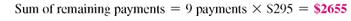 Solve the following application problems using the Rule of 78. (See Example.) Finding Unearned Interest and Balance Due Aaron Ortego borrowed $6000, which he is paying back in 24 monthly payments of $295 each. With 9 payments remaining, he decides to repay the loan in full. Find (a) the amount of unearned interest and (b) the amount necessary to repay the loan in full. Use the Rule of 78. SOLUTION Find the amount of unearned interest as follows. The finance charge is $1080, the scheduled number of payments is 24, and the loan is paid off with 9 payments left. Solve as follows. (b) When Ortego decides to pay off the loan, he has 9 payments of $295 left. Ortego saves the unearned interest of $162 by paying off the loan early. Therefore, the amount needed to pay the loan in full is the sum of the remaining payments minus the unearned interest. WEB DESIGN Blackstone Web Design needed $76,800 to purchase computers, software, and network equipment. The owners paid $15,000 down and financed the balance with 30 monthly payments of $2423.89 each. Find (a) the total installment cost, __________ (b) the finance charge, __________ (c) the unearned interest, __________ and (d) the amount needed to pay the loan in full after the 10th payment. __________