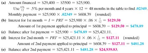 Find the payment necessary to amortize the following loans using the amortization table. Round to the nearest cent if needed. (See Example.) Amortizing a Loan Sven Yarborough earned a degree at a community college and is now a mechanic at a Ford dealership. He was so impressed with the quality of Fords that he purchased an SUV at a cost of $29,400, including tax, title, and license, after the rebate. He made a down payment of $3500 and was able to finance the balance at a rate of 6% per year for 4 years. Find (a) the monthly payment, (b) the portion of the first payment that is interest, (c) the balance due after one payment, (d) the interest owed for the second month, and (e) the balance after the second payment.   SOLUTION    <div style=padding-top: 35px> 