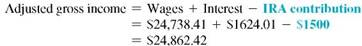 Find the adjusted gross income for the following people. (See Example.) Finding Adjusted Gross Income (AGI) As an assistant manager at The Doll House, Jennifer Crum earned $24,738.41 last year and $1624.01 in interest from her credit union (see her W-2 and 1099 forms). She had $1500 in regular IRA contributions. Find her adjusted gross income. SOLUTION    <div style=padding-top: 35px> 