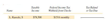 Find the tax refund or tax due for the following people. The letter following the names indicates the marital status. Assume a 52-week year and that married people are filing jointly. (See Example 4.)    