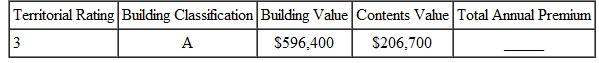 Find the total annual premium fo the following. Use the table on page. (See Example.) Finding the Annual Fire Insurance Premium The Doll House is in a building rated class C. It is in territory 4. Find the annual premium if th replacement cost of the building is $640,000 and the contents are valued at $186,500. SOLUTION Building:    <div style=padding-top: 35px> 
