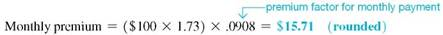 Find the annual premium for the following. (See Examples.) Finding the Life Insurance Premium Martha Spencer became the primary source of income for her family at age 35 after her divorce. At that time, she decided that she needed $250,000 in life insurance to pay off the mortgage on her home, to repay some loans at her business, and to provide for her children. Find her annual premium for (a) a 10-year level premium term policy, (b) a whole life policy, (c) a universal life policy, and (d) a 20-pay life plan. CASE IN POINT SOLUTION First, divide the desired amount of life insurance by $1000 to find the number of thousands. $250,000 ÷+ $1000 = 250 thousands Quick TIP Use the actual age of a man when using the table of premiums. However, subtract 5 from the age of a woman before using the table. Since Spencer is a woman, subtract 5 from her actual age before using the table (35 - 5 = 30). Look in the table at age 30 for the rates for each type of insurance.   Spencer wanted to buy universal life because of the savings feature, which would help her save for retirement. However, she purchased the level premium term instead, since her income was limited and the level term policy was much cheaper. Using a Premium Factor The annual insurance premium on a $200,000 10-year level premium term life policy for Jane Rodriguez is $378. Use the premium factors table to find the amount of premium and the total annual cost if she pays (a) semiannually, (b) quarterly, or (c) monthly. SOLUTION   Pricing Life Insurance   Shauna Jones has decided to buy $100,000 in life insurance to make sure that her kids will have funds if something happens to her. Jones is 28 and in good health. Find the monthly premium for (a) 10-year level premium term and (b) universal life. SOLUTION (a) 10-year level premium term:   (b) Universal life:    <div style=padding-top: 35px> 