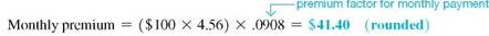 Find the annual premium for the following. (See Examples.) Finding the Life Insurance Premium Martha Spencer became the primary source of income for her family at age 35 after her divorce. At that time, she decided that she needed $250,000 in life insurance to pay off the mortgage on her home, to repay some loans at her business, and to provide for her children. Find her annual premium for (a) a 10-year level premium term policy, (b) a whole life policy, (c) a universal life policy, and (d) a 20-pay life plan. CASE IN POINT SOLUTION First, divide the desired amount of life insurance by $1000 to find the number of thousands. $250,000 ÷+ $1000 = 250 thousands Quick TIP Use the actual age of a man when using the table of premiums. However, subtract 5 from the age of a woman before using the table. Since Spencer is a woman, subtract 5 from her actual age before using the table (35 - 5 = 30). Look in the table at age 30 for the rates for each type of insurance.   Spencer wanted to buy universal life because of the savings feature, which would help her save for retirement. However, she purchased the level premium term instead, since her income was limited and the level term policy was much cheaper. Using a Premium Factor The annual insurance premium on a $200,000 10-year level premium term life policy for Jane Rodriguez is $378. Use the premium factors table to find the amount of premium and the total annual cost if she pays (a) semiannually, (b) quarterly, or (c) monthly. SOLUTION   Pricing Life Insurance   Shauna Jones has decided to buy $100,000 in life insurance to make sure that her kids will have funds if something happens to her. Jones is 28 and in good health. Find the monthly premium for (a) 10-year level premium term and (b) universal life. SOLUTION (a) 10-year level premium term:   (b) Universal life:    <div style=padding-top: 35px> 