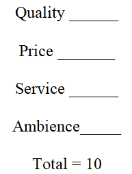 Rating scales measures the participant's attitude towards the objects without making any comparison to the other similar objects. There are different scales used to measure like or dislike; approve or disapprove of the participants. Ranking scales measures the preferences of the people by asking them to rank the list of objects based on their view. This is useful to compare the objects and make the choice among them. In this case, the customer's confidence on the firm attributes needs to be measured. The measurement question using different scales is as follows: a) In constant sum scale, participants need to allocate points among different attributes, which would provide a constant sum i.e. either 10 or 100. The measurement question: Rate the following that drives you most to make purchase at M food center.   Here, participant should allocate 10 points among four options based on their preference. If participant provide, quality as 4, price as 3, service as 2 and ambience as 1, then quality and price are major confidence of customer for that firm to recover. b) In likert summated rating scale, participants are asked to give numerical score for each statement to measure the degree of attitude either positive or negative. The measurement question: How strongly do you believe that firm will be able to recover    Here, 5- point scale is used. Participant should rate the attributes by giving numerical value. The highest total among all the attributes are the major confidence of customer for that firm to recover. c) In the semantic differential scale, bipolar adjectives are used to measure the psychological meaning of an attitude. Usually, 7 points are used in the scale. The responses of this scale are measured using graphical representation. Measurement question: Rate your confidence that firm will be recovered   d) Staple scale is alternative to semantic differential scale, which is used when it is difficult to find the bipolar adjectives to match the question. The rating using staple scale ranges from +5 to -5. The measurement question: Rate your confidence that firm will be recovered   e) Forced ranking scale is the one of the ranking scales, in which participant is forced to give the ranking to the mentioned objects in comparison to the other objects. The measurement question: Provide the order of preference using 1 to 4 numbers for the below attributes of restaurant (1 = first preference and 4 = last preference).  
