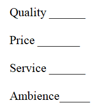Rating scales measures the participant's attitude towards the objects without making any comparison to the other similar objects. There are different scales used to measure like or dislike; approve or disapprove of the participants. Ranking scales measures the preferences of the people by asking them to rank the list of objects based on their view. This is useful to compare the objects and make the choice among them. In this case, the customer's confidence on the firm attributes needs to be measured. The measurement question using different scales is as follows: a) In constant sum scale, participants need to allocate points among different attributes, which would provide a constant sum i.e. either 10 or 100. The measurement question: Rate the following that drives you most to make purchase at M food center. Here, participant should allocate 10 points among four options based on their preference. If participant provide, quality as 4, price as 3, service as 2 and ambience as 1, then quality and price are major confidence of customer for that firm to recover. b) In likert summated rating scale, participants are asked to give numerical score for each statement to measure the degree of attitude either positive or negative. The measurement question: How strongly do you believe that firm will be able to recover Here, 5- point scale is used. Participant should rate the attributes by giving numerical value. The highest total among all the attributes are the major confidence of customer for that firm to recover. c) In the semantic differential scale, bipolar adjectives are used to measure the psychological meaning of an attitude. Usually, 7 points are used in the scale. The responses of this scale are measured using graphical representation. Measurement question: Rate your confidence that firm will be recovered d) Staple scale is alternative to semantic differential scale, which is used when it is difficult to find the bipolar adjectives to match the question. The rating using staple scale ranges from +5 to -5. The measurement question: Rate your confidence that firm will be recovered e) Forced ranking scale is the one of the ranking scales, in which participant is forced to give the ranking to the mentioned objects in comparison to the other objects. The measurement question: Provide the order of preference using 1 to 4 numbers for the below attributes of restaurant (1 = first preference and 4 = last preference).