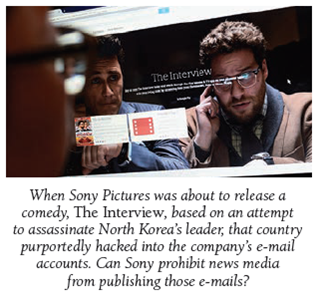 ADAPTING THE LAW TO THE ONLINE ENVIRONMENT  E-Mail Hacking at Sony Pictures-Can You Put the Cat Back into the Bag  Sony Pictures was ready to release The Interview on Christmas Day, 2014. The comedy described a bogus CIA attempt to assassinate North Korea's dictator, Kim Jong-Un. In late November, hackers entered Sony's internal e-mail system and released 32,000 hacked documents in an apparent attempt to block release of the film. A Company's Worst Nightmare Comes True  Had the hacked e-mails only concerned corporate decision making, nothing much would have come of the event. Many of the e-mails, though, were quite damaging to Sony's image. In particular, there were spiteful comments from corporate executives about famous stars, such as Angelina Jolie. A highlevel executive was revealed to be mocking President Barack Obama. In brief, the hacked e-mails, which were revealed by the press, were embarrassing to Sony management, to say the least. Sony Reacts, but Perhaps in Vain  Sony went on the offensive against major news organizations. Through its lawyer, it sent letters to the New York Times and other publications characterizing the hacked e-mails as stolen information and demanding that they be destroyed. Sony warned news media outlets that it did not consent to [their] possession, review, copying, dissemination, publication, uploading, download, or making any use of the information. Can Sony Successfully Sue Those Who Publish Hacked Sony Documents  There is relatively little precedent concerning the ability to sue news media for publication of readily available hacked e-mails. Two cases have some precedential value, though. One involved copied documents taken from a U.S. senator's office. The copies were sent to investigative reporters, who then published articles based on the documents. The senator sued, claiming invasion of privacy and the use of stolen property (conversion). The D.C. Circuit Court of Appeals rejected the theories. In another case, a radio commentator replayed an illegally intercepted recording of a private conversation. That case went to the Supreme Court, which rejected the plaintiff's argument that the playing of the recording violated a federal statute that made both the interception and the use of such conversations illegal. The Court argued that playing the illegally intercepted conversation was constitutionally protected because the broadcaster was not involved in the illegal interception and the communication was a matter of public concern. If Sony Pictures ultimately sues news media organizations, such as the New York Times, for continuing to reveal the contents of hacked e-mails, Sony will probably not prevail. Of the hacked e-mails that were publicly revealed, none disclosed facts about individuals that were highly private. Thus, their publication is not actionable as a tort (the disclosure of private facts).     Sony revealed that the script for a new James Bond movie had been hacked and leaked. Could a news publication legally print or post online that entire script Why or why not