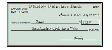 Shelby wrote the following check to Dana. When is it payable, and for how much