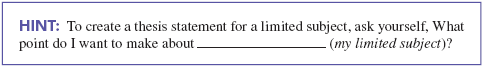 Look carefully at the ten general subjects and ten limited subjects below. Then write a thesis statement for any five of them.        Thesis statements for five of the limited subjects: ___________________________________________ ___________________________________________ ___________________________________________ ___________________________________________ ___________________________________________ ___________________________________________ ___________________________________________ ___________________________________________ ___________________________________________ ___________________________________________ ___________________________________________ ___________________________________________ ___________________________________________