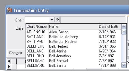 Practice entering information and correcting errors. 1. Click the Activities menu. 2. Click Enter Transactions. 3. Click the triangle button in the Chart box. The Chart drop-down list is opened (see Figure 3-19).     Figure 3-19 Transaction Entry Chart drop-down list 4. To select James Smith, key the first two letters of his chart number (SMITHJAØ): SM. Notice that when SM is keyed, the system goes to the entry for the first patient whose chart number begins with SM , in this case James Smith. 5. Press the Tab key. 6. To edit a transaction, click in the field that needs to be changed. Click in the Procedure field. Notice that the entry in the field becomes highlighted. 7. Click again in the Procedure field. A pop-up list of procedure codes is displayed. 8. Select a new code from the list by clicking on it. Scroll down the pop-up list of codes, and click 99396. Notice that the new code is displayed in the Procedure field, but the entry in the Amount field has not changed. This does not happen until the Tab key is pressed. Press the Tab key now, and watch the entry in the Amount field change. 9. Press the Tab key repeatedly, and watch as the cursor moves from box to box. 10. Exit the Transaction Entry dialog box by clicking the Close button or by clicking the close icon in the upper-right corner of the dialog box. An Information box is displayed, asking whether the changes should be saved (see Figure 3-20). In this case, click the No button. The changes are not saved, and the Transaction Entry window closes.     Figure 3-20 Transaction Entry save warning dialog box