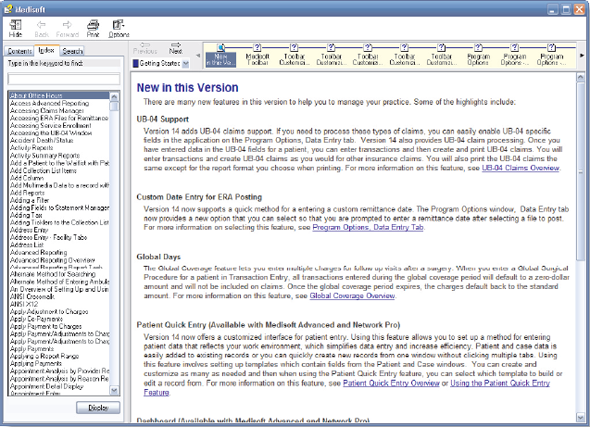 Practice using Medisoft's built-in help feature. 1. Click the Help menu. 2. Click Medisoft Help. Medisoft displays a list of topics for which help is available.     Figure 3-24 Medisoft built-in Help feature     Figure 3-25 Medisoft online Knowledge Base 3. Locate Diagnosis Entry in the left column. Double-click Diagnosis Entry. Information on entering diagnosis codes is displayed on the right side of the window. 4. Click the Close box to close the Help window.