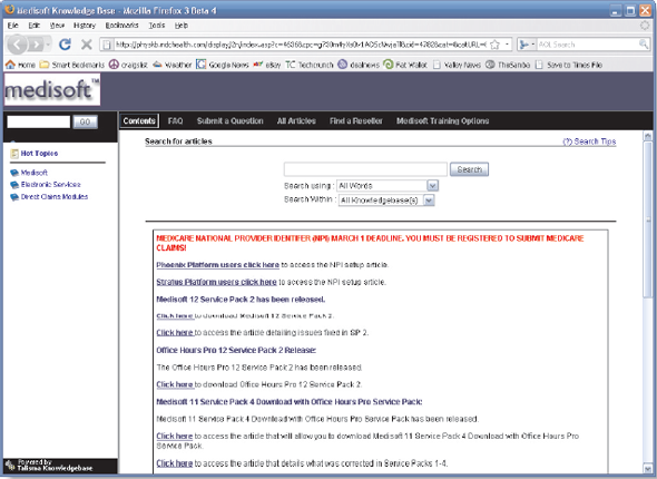 Practice using Medisoft's built-in help feature. 1. Click the Help menu. 2. Click Medisoft Help. Medisoft displays a list of topics for which help is available.     Figure 3-24 Medisoft built-in Help feature     Figure 3-25 Medisoft online Knowledge Base 3. Locate Diagnosis Entry in the left column. Double-click Diagnosis Entry. Information on entering diagnosis codes is displayed on the right side of the window. 4. Click the Close box to close the Help window.