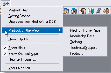Practice using Medisoft's online help. 1. Access the Internet. Click Medisoft on the Web Knowledge Base option on the Help menu (see Figure 3-26). The Knowledge Base area of the website is displayed.     Figure 3-26 Medisoft on the Web submenu 2. Enter transactions in the search box. 3. Select Medisoft on the Search Within drop-down list. 4. Accept the All Categories entry. 5. Click the Search button. 6. FAQs, or Frequently Asked Questions, appear at the top of the list of articles. 7. Select an article, and click on the title to read it. 8. Click the Close box to exit the Medisoft Knowledge Base. Termi­nate your Internet connection, if appropriate.