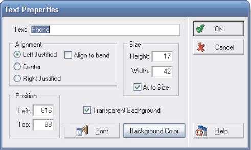 Modify the Patient List report so that a work telephone number replaces a home telephone number in the report. Date: July 31, 2010  1. On the Reports menu, click Design Custom Reports and Bills. The Report Designer window is displayed. 2. Click Open Report on the File menu. The Open Report dialog box is displayed. 3. Double-click Patient List in the list. The Patient List report is displayed (see Figure 9-22).     Figure 9-22 Patient List report open in Medisoft Report Designer 4. Double-click Phone, which appears between the two horizontal black lines near the top of the report, to select it. Then, doubleclick Phone again to edit it. The Text Properties dialog box is displayed (see Figure 9-23).     Figure 9-23 Text Properties dialog box 5. Enter Work Phone in the Text box that currently reads -Phone.- 6. Since Work Phone contains more letters than Phone, it is necessary to lengthen the space allotted for the label on the report so all the letters can be displayed. This is done in the section of the dialog box labeled Size. Click in the Auto Size box to deselect that option. In the Width box, delete the existing entry by using the Backspace key, and enter 120.  7. Click the OK button. Work Phone is displayed in the band where Phone used to be. 8. In the green band below the band in which Work Phone appears, click the Phone 1 box to select it. Then double-click the Phone 1 box again to edit its contents. The Data Field Properties dialog box is displayed (see Figure 9-24).     Figure 9-24 Data Field Properties dialog box 9. The current data box, Print Patient Phone 1, is active in the Data Field and Expressions box. Click the Edit button to change this box. The Select Data Field dialog box is displayed (see Figure 9-25).     Figure 9-25 Select Data Field dialog box 10. In the Fields column, scroll down, highlight Work Phone, and click OK. The Data Field and Expressions box now lists Print Patient Work Phone. 11. To increase the space allotted in the report for this new value, click the Auto Size box to deselect it. Then go to the Width box, delete the existing entry, and key 120. Click the OK button. Work Phone is displayed where Phone 1 used to be. 12. On the Report Designer File menu, click Preview Report to see how the report will look when printed. The Save Report As … dialog box is displayed. 13. Key Patient List-Work in the Report Title box. Click the OK button. The Data Selection Questions dialog box is displayed. 14. Leave the Chart Number Range boxes blank to select all patients for the report. 15. Click the OK button. 16. The Preview Report dialog box is displayed, showing the report. 17. Click the Print button to print the report. 18. Exit the Preview Report window. 19. Click Close on the Report Designer File menu, or click the Close button in the upper-right corner of the dialog box, to close the report file. 20. Click Exit on the File menu, or click the Exit button on the toolbar, to leave Medisoft's Report Designer. 21. Select Custom Report List on the Reports menu. Scroll down and confirm that Patient List-Work appears in the list of custom reports. Click Cancel to close the Open Report dialog box.