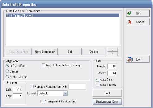 Modify the Patient List report so that a work telephone number replaces a home telephone number in the report. Date: July 31, 2010  1. On the Reports menu, click Design Custom Reports and Bills. The Report Designer window is displayed. 2. Click Open Report on the File menu. The Open Report dialog box is displayed. 3. Double-click Patient List in the list. The Patient List report is displayed (see Figure 9-22).     Figure 9-22 Patient List report open in Medisoft Report Designer 4. Double-click Phone, which appears between the two horizontal black lines near the top of the report, to select it. Then, doubleclick Phone again to edit it. The Text Properties dialog box is displayed (see Figure 9-23).     Figure 9-23 Text Properties dialog box 5. Enter Work Phone in the Text box that currently reads -Phone.- 6. Since Work Phone contains more letters than Phone, it is necessary to lengthen the space allotted for the label on the report so all the letters can be displayed. This is done in the section of the dialog box labeled Size. Click in the Auto Size box to deselect that option. In the Width box, delete the existing entry by using the Backspace key, and enter 120.  7. Click the OK button. Work Phone is displayed in the band where Phone used to be. 8. In the green band below the band in which Work Phone appears, click the Phone 1 box to select it. Then double-click the Phone 1 box again to edit its contents. The Data Field Properties dialog box is displayed (see Figure 9-24).     Figure 9-24 Data Field Properties dialog box 9. The current data box, Print Patient Phone 1, is active in the Data Field and Expressions box. Click the Edit button to change this box. The Select Data Field dialog box is displayed (see Figure 9-25).     Figure 9-25 Select Data Field dialog box 10. In the Fields column, scroll down, highlight Work Phone, and click OK. The Data Field and Expressions box now lists Print Patient Work Phone. 11. To increase the space allotted in the report for this new value, click the Auto Size box to deselect it. Then go to the Width box, delete the existing entry, and key 120. Click the OK button. Work Phone is displayed where Phone 1 used to be. 12. On the Report Designer File menu, click Preview Report to see how the report will look when printed. The Save Report As … dialog box is displayed. 13. Key Patient List-Work in the Report Title box. Click the OK button. The Data Selection Questions dialog box is displayed. 14. Leave the Chart Number Range boxes blank to select all patients for the report. 15. Click the OK button. 16. The Preview Report dialog box is displayed, showing the report. 17. Click the Print button to print the report. 18. Exit the Preview Report window. 19. Click Close on the Report Designer File menu, or click the Close button in the upper-right corner of the dialog box, to close the report file. 20. Click Exit on the File menu, or click the Exit button on the toolbar, to leave Medisoft's Report Designer. 21. Select Custom Report List on the Reports menu. Scroll down and confirm that Patient List-Work appears in the list of custom reports. Click Cancel to close the Open Report dialog box.