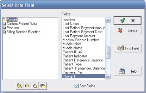 Modify the Patient List report so that a work telephone number replaces a home telephone number in the report. Date: July 31, 2010  1. On the Reports menu, click Design Custom Reports and Bills. The Report Designer window is displayed. 2. Click Open Report on the File menu. The Open Report dialog box is displayed. 3. Double-click Patient List in the list. The Patient List report is displayed (see Figure 9-22).     Figure 9-22 Patient List report open in Medisoft Report Designer 4. Double-click Phone, which appears between the two horizontal black lines near the top of the report, to select it. Then, doubleclick Phone again to edit it. The Text Properties dialog box is displayed (see Figure 9-23).     Figure 9-23 Text Properties dialog box 5. Enter Work Phone in the Text box that currently reads -Phone.- 6. Since Work Phone contains more letters than Phone, it is necessary to lengthen the space allotted for the label on the report so all the letters can be displayed. This is done in the section of the dialog box labeled Size. Click in the Auto Size box to deselect that option. In the Width box, delete the existing entry by using the Backspace key, and enter 120.  7. Click the OK button. Work Phone is displayed in the band where Phone used to be. 8. In the green band below the band in which Work Phone appears, click the Phone 1 box to select it. Then double-click the Phone 1 box again to edit its contents. The Data Field Properties dialog box is displayed (see Figure 9-24).     Figure 9-24 Data Field Properties dialog box 9. The current data box, Print Patient Phone 1, is active in the Data Field and Expressions box. Click the Edit button to change this box. The Select Data Field dialog box is displayed (see Figure 9-25).     Figure 9-25 Select Data Field dialog box 10. In the Fields column, scroll down, highlight Work Phone, and click OK. The Data Field and Expressions box now lists Print Patient Work Phone. 11. To increase the space allotted in the report for this new value, click the Auto Size box to deselect it. Then go to the Width box, delete the existing entry, and key 120. Click the OK button. Work Phone is displayed where Phone 1 used to be. 12. On the Report Designer File menu, click Preview Report to see how the report will look when printed. The Save Report As … dialog box is displayed. 13. Key Patient List-Work in the Report Title box. Click the OK button. The Data Selection Questions dialog box is displayed. 14. Leave the Chart Number Range boxes blank to select all patients for the report. 15. Click the OK button. 16. The Preview Report dialog box is displayed, showing the report. 17. Click the Print button to print the report. 18. Exit the Preview Report window. 19. Click Close on the Report Designer File menu, or click the Close button in the upper-right corner of the dialog box, to close the report file. 20. Click Exit on the File menu, or click the Exit button on the toolbar, to leave Medisoft's Report Designer. 21. Select Custom Report List on the Reports menu. Scroll down and confirm that Patient List-Work appears in the list of custom reports. Click Cancel to close the Open Report dialog box.