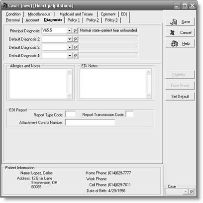 a      Carlos Lopez      Personal tab   b      Carlos Lopez      Diagnosis tab   c      Carlos Lopez      Condition tab   d      Carlos Lopez      Transaction Entry dialog box   e      Carlos Lopez      Walkout Receipt  
