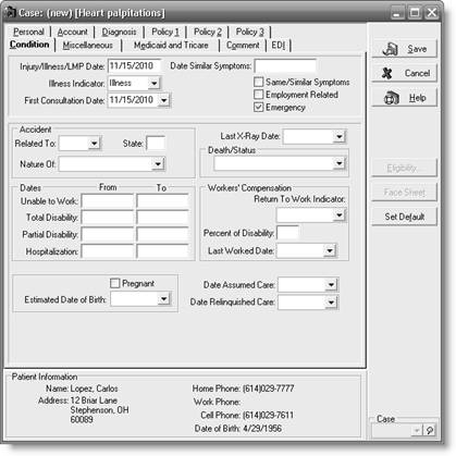 a      Carlos Lopez      Personal tab   b      Carlos Lopez      Diagnosis tab   c      Carlos Lopez      Condition tab   d      Carlos Lopez      Transaction Entry dialog box   e      Carlos Lopez      Walkout Receipt  
