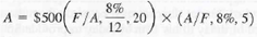 Suppose you deposit $500 at the end of each quarter for five years at an interest rate of 8% compounded monthly. What equal end-of-year deposit over the five years would accumulate the same amount at the end of the five years under the same interest compounding To answer the question, which of the following is correct  (a) A = [$500( F / A ,2%,20)] × ( A/F ,8%, 5) (b) A = $500( F / A , 2.013%, 4) (c)      (d) None of the above.