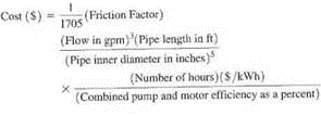 All industrial facilities have a network of piping that carries water or other liquids. According to a U.S. Department of Energy study 3 , 16% of a typical facility's electricity costs are for its pumping systems. Suppose that you are considering a pumping facility having 10,000 ft to carry 600 gpm of water continuously to a storage tank. The general equation for estimating fractional pumping costs is     where the friction factor (based on the pipe roughness), pipe diameter, and the Reynolds number can be obtained from an engineering handbook. For most applications, the value of this friction factor will be between 0.015 and 0.0225. (a) Using clean iron and 6-inch steel pipe (schedule 40) for pumping 70°F water, an electricity cost of $0.05/kWh, 8,760 operating hours annually, and combined pump and motor efficiency of 70%, determine the pumping cost. (b) With the same condition, determine the pumping cost with a 10-inch pipe. (c) Find the current price of steel and determine the optimal size of pipe, assuming that the pumping operation would last 15 years and the savage value of the pipe at 10% of the initial investment. Assume also a discount rate of 12%.