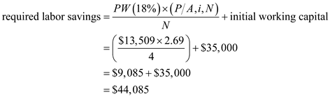 Modified Accelerated Cost Recovery System (MACRS): In this method, the life of asset refers to the period which has defined by the maker of the asset. This system of depreciation uses some specified percentage, on which asset is depreciated over its life. These percentages are organized in such a way, so that in the earlier years asset get depreciated by higher amount and later by lower amounts. In the given case, a company has considering the new earthmover. The base price is $90,000 and has a useful life of 4 years. Its salvage value is $30,000. Marginal tax rate is given to be 40%. a. It is required to find the project acceptability and for that, it is needed to find the present worth. First, calculate the depreciation rate using depreciation rate of 5-Year MACRS property as follows: The calculated value of depreciation shown below: The calculation for present worth is shown in the following excel: The Present worth is calculated in the cell B24 as shown below: Since, the present worth is $4,870.05, thus this project is worth undertaking as its present value is coming out to be positive. b. Now, the net working capital of the project has increased to $5,000, so it is required to find still the project is worth undertaking or not. First, calculate the depreciation rate using depreciation rate of 5-Year MACRS property as follows: The calculated value of depreciation rate is shown below: The Present worth is calculated in the cell B23 as shown below: The calculated value of present worth (cell B23) is shown in the following spreadsheet: As the above excel shows that the present worth is , which is positive. Hence, the project is still acceptable. c. Now, the MARR has increased to 18% and not consider working capital into account. In this part, the labor savings is required to determine. First, determine the present worth at 18% MARR as follows: Since, the present worth at 18% MARR is comes out to be negative, thus one must choose such amount of working capital so that the value of present worth become positive. The required labor savings can be determined as follows: Thus, the new working capital should be at least $44,085, so that present worth at 18% becomes positive. Considering the working capital as $44,085, the calculation of present worth is shown in the following excel (cell B24): As the above excel shows that present worth becomes $1,155 with working capital of $44,085. Hence, the company must choose working capital .