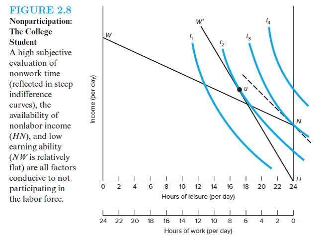 What factors account for the increase in the participation rates of married women Use a work-leisure diagram (similar, for example, to Figure 2.8 to explain how each of these factors might individually alter either the indifference curves or the budget lines of women and make labor force participation more likely.   