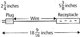 The total length of an extension cord measures inches. The plug end measures inches, and the receptacle end measures inches. What is the length of the wire portion of the extension cord