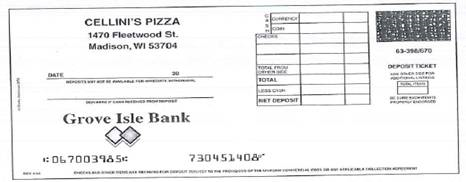 As a cashier for Cellini's Pizza, it is your responsibility to make the daily deposits. Complete the deposit slip below based on the following information. a. Date: January 20, 20xx. b. Checks totaling $344.20. c. Currency of $547.00. d. Coins: 125 quarters, 67 dimes, 88 nickels, and 224 pennies.
